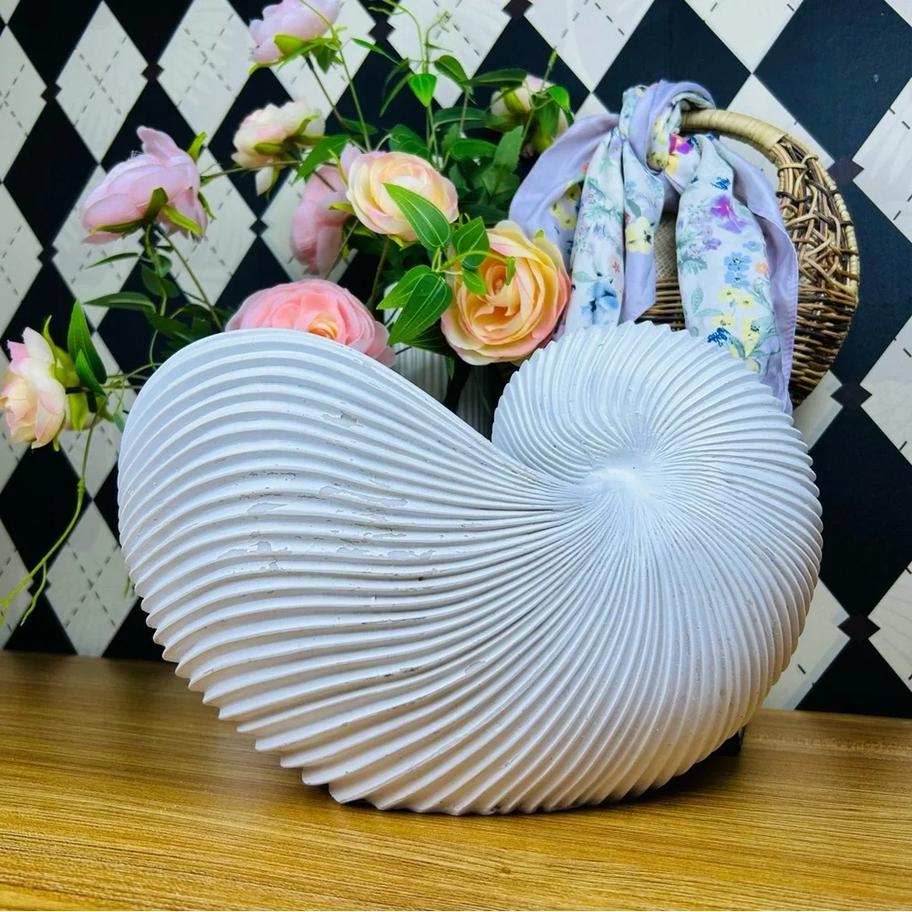 Large‎ Distressed Shell Vase White Resin Organic Sculptural Form Coastal Luxury